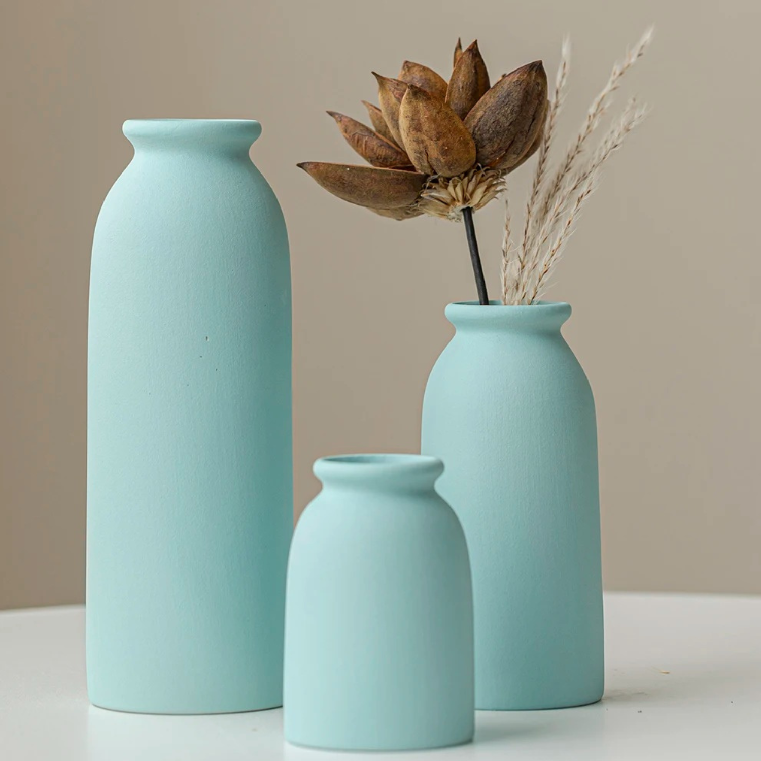 Mabel | Set of 3 Ceramic Vases – Modern Boho Decor for Pampas Grass or Flowers - Blue - Vases