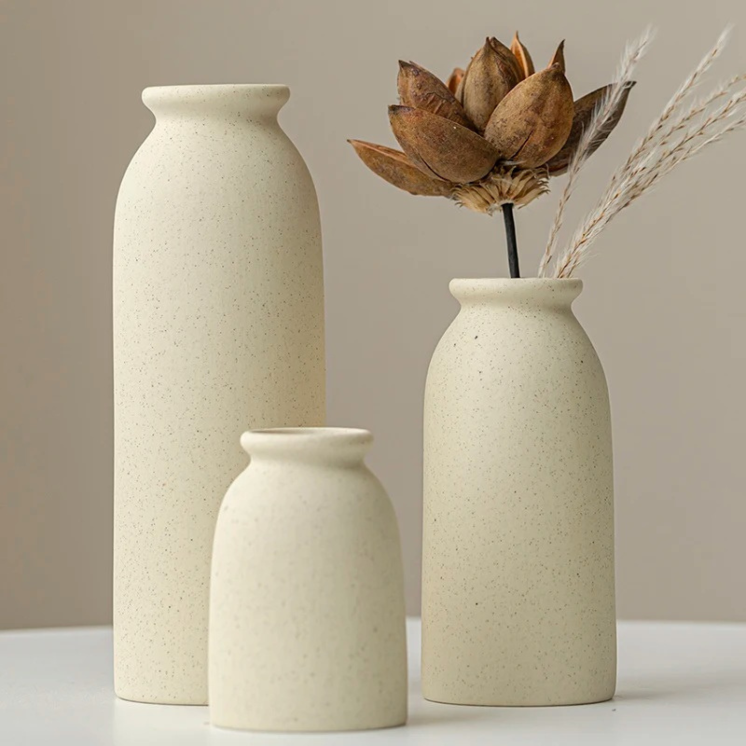 Mabel | Set of 3 Ceramic Vases – Modern Boho Decor for Pampas Grass or Flowers - Beige - Vases