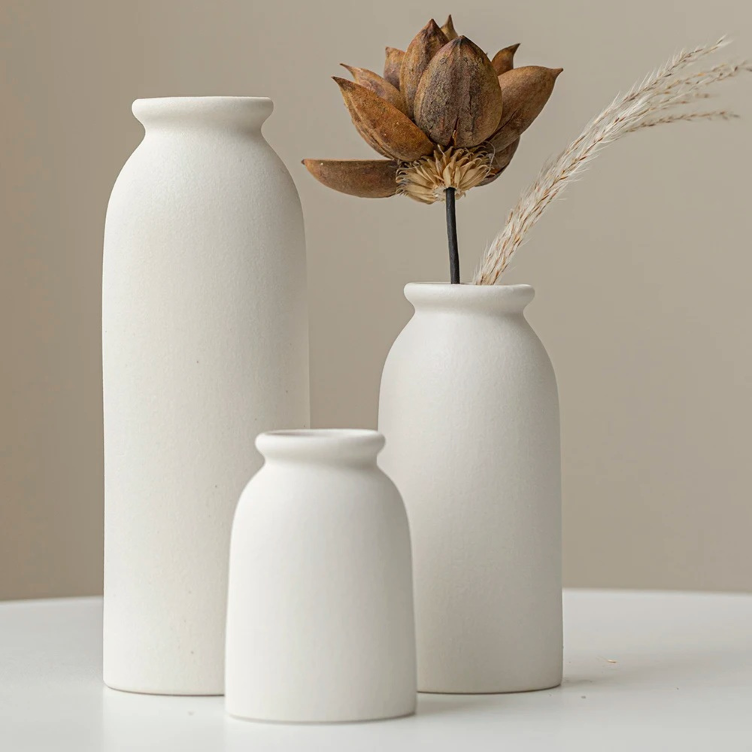 Mabel | Set of 3 Ceramic Vases – Modern Boho Decor for Pampas Grass or Flowers - White - Vases