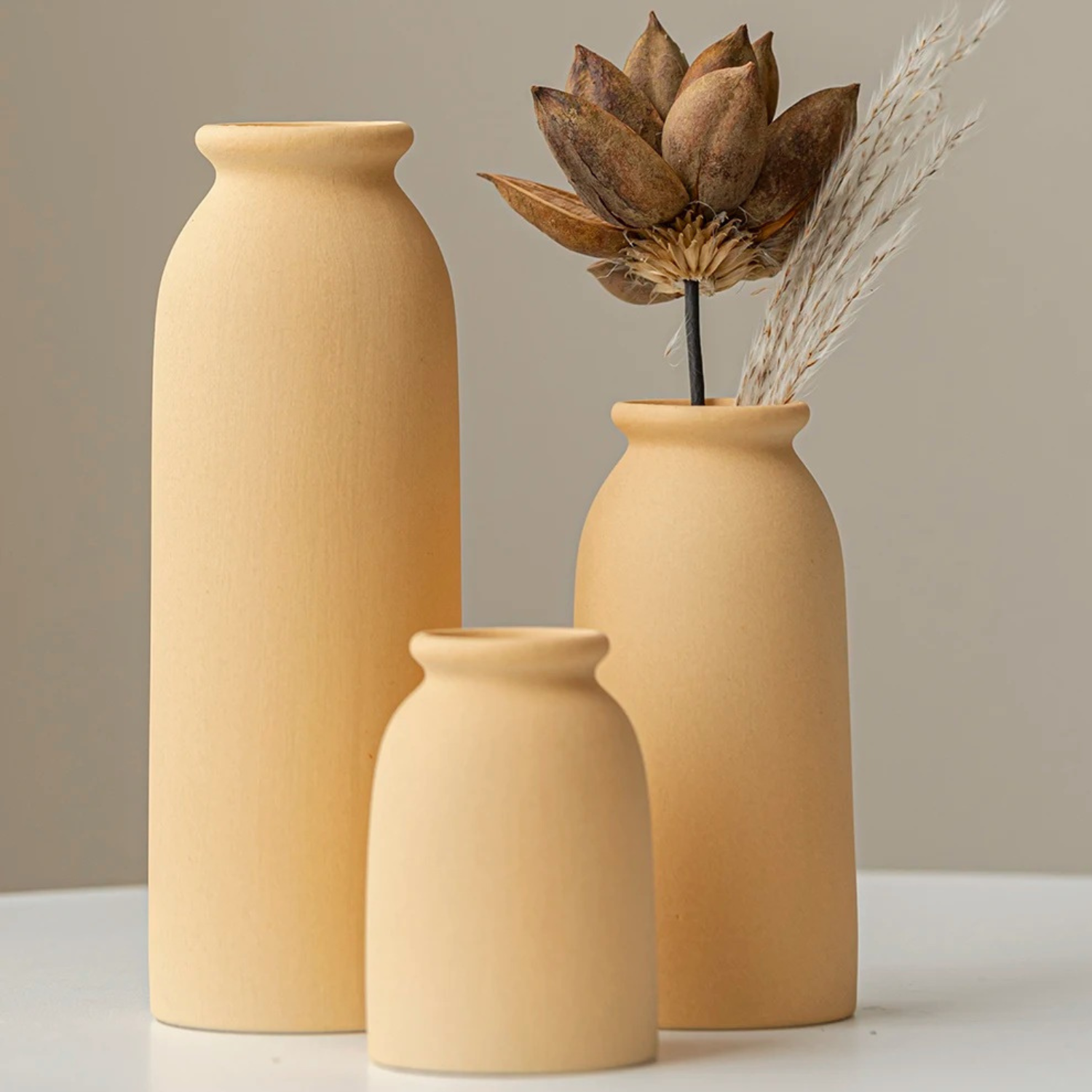 Mabel | Set of 3 Ceramic Vases – Modern Boho Decor for Pampas Grass or Flowers - Yellow - Vases