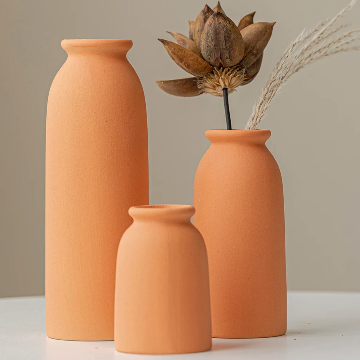 Mabel | Set of 3 Ceramic Vases – Modern Boho Decor for Pampas Grass or Flowers - Orange - Vases